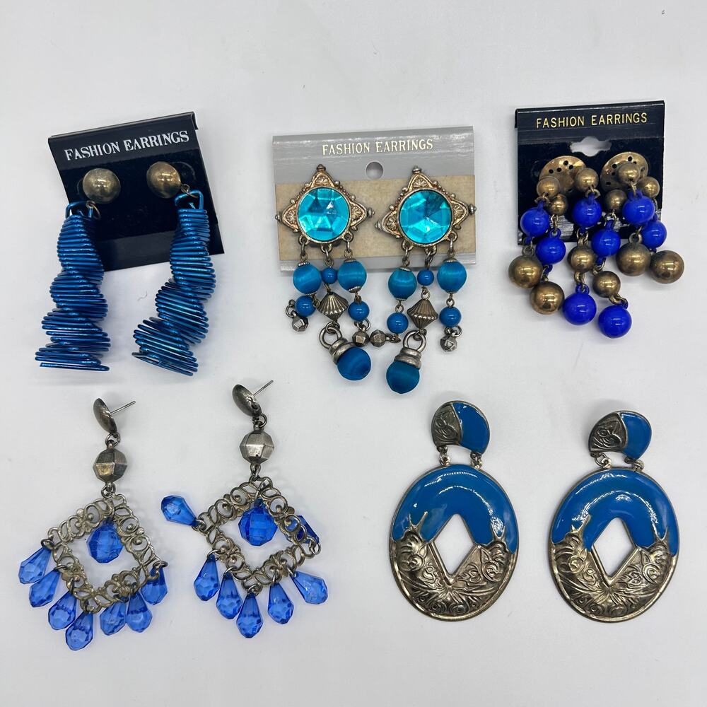 Vintage Blue Earrings Lot Bundle Big Bold Statement 80's 90's Kitsch Jewelry